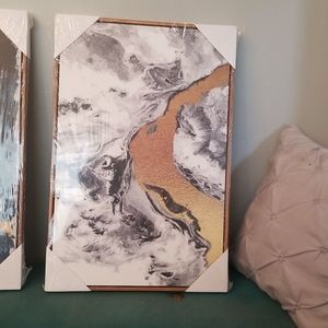 16" X 24" Marble & Gold Wood Look Framed Canvas Wall Art! New Sealed
